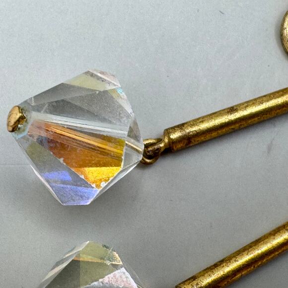 Vintage Gold Filigree Ball Aurora Borealis Crystal Drop Clip on Earrings - Picture 11 of 13